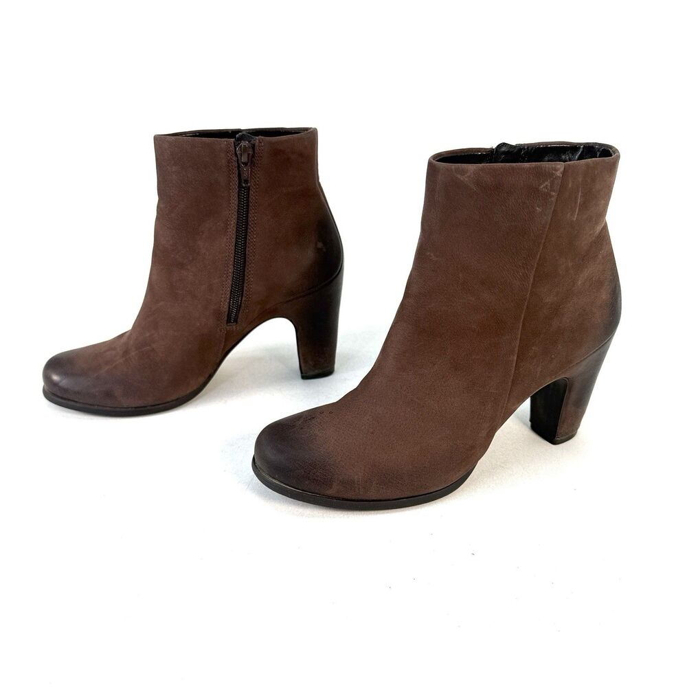 Ecco Jaffna Sepia Brown Leather Heeled Ankle Boots Side Zip - Women's 37/6.5